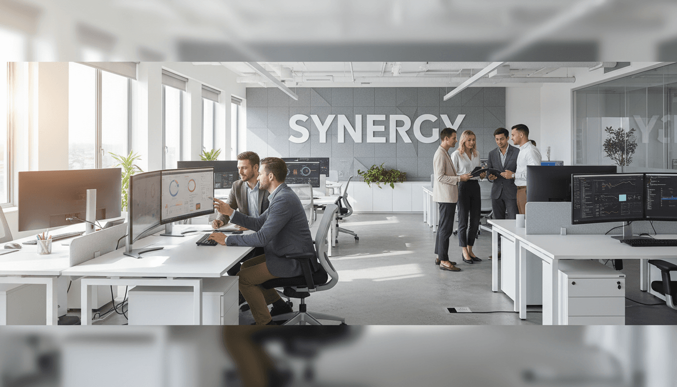 Modern office workspace with professionals working together on projects