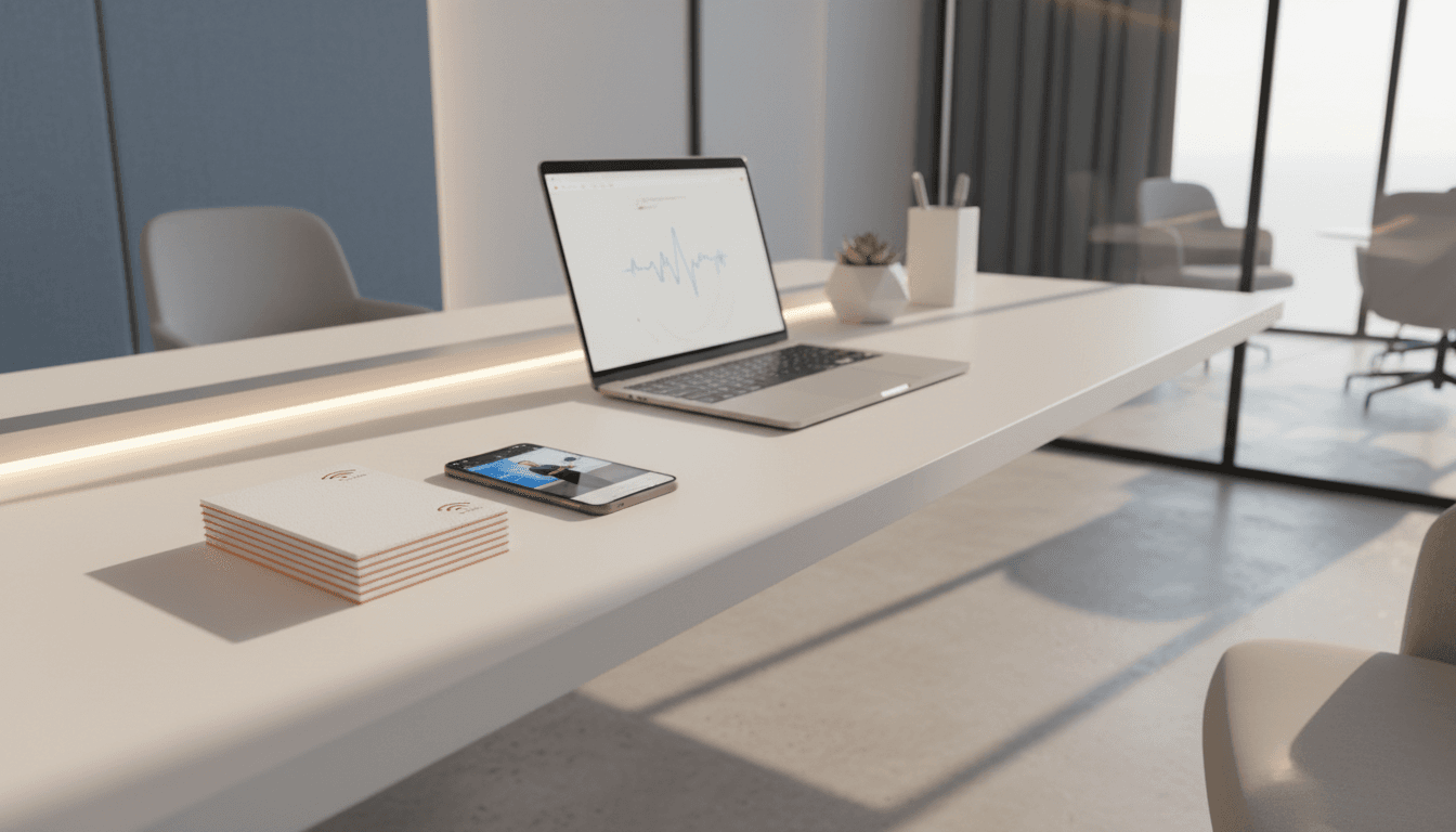 Professional workspace with NFC business cards and digital tools