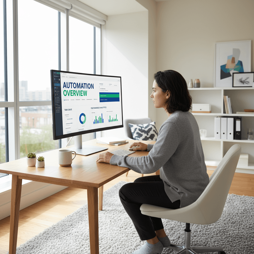 Person reviewing automation dashboard on computer