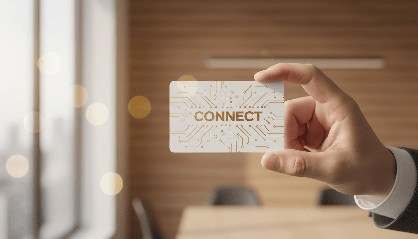 Professional holding an NFC business card with modern office backdrop