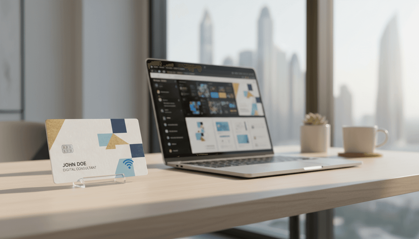 Modern workspace showcasing NFC business card and digital templates on laptop