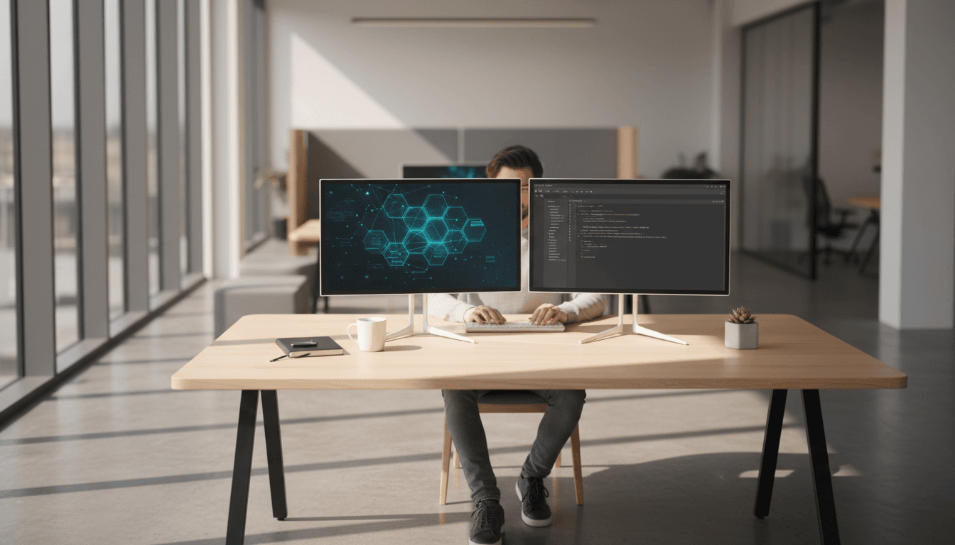 Freelancer working at desk with AI workflow tools on screen