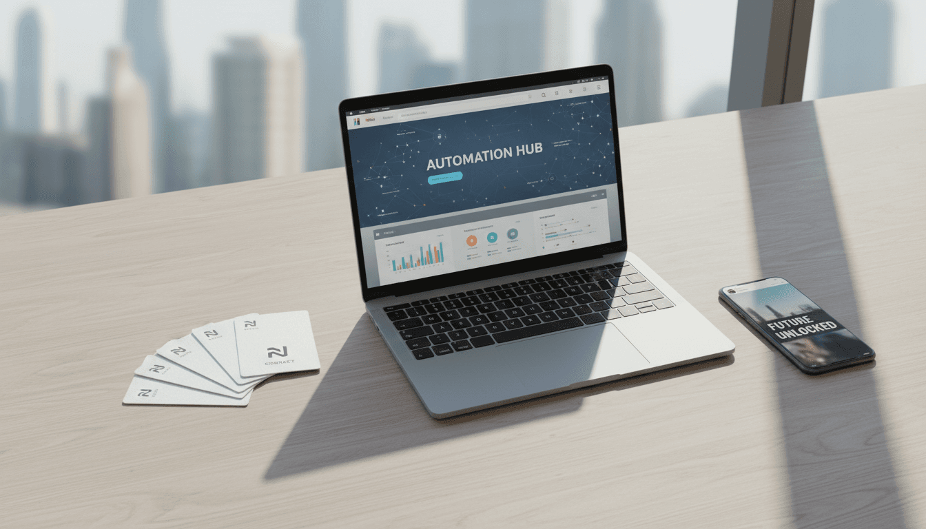 Modern workspace with laptop, NFC business cards, and smartphone displaying digital tools