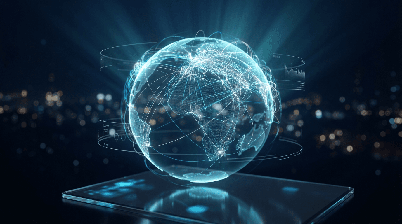 Holographic globe with glowing travel route connections and pulsing light trails on dark blue background, representing global travel network
