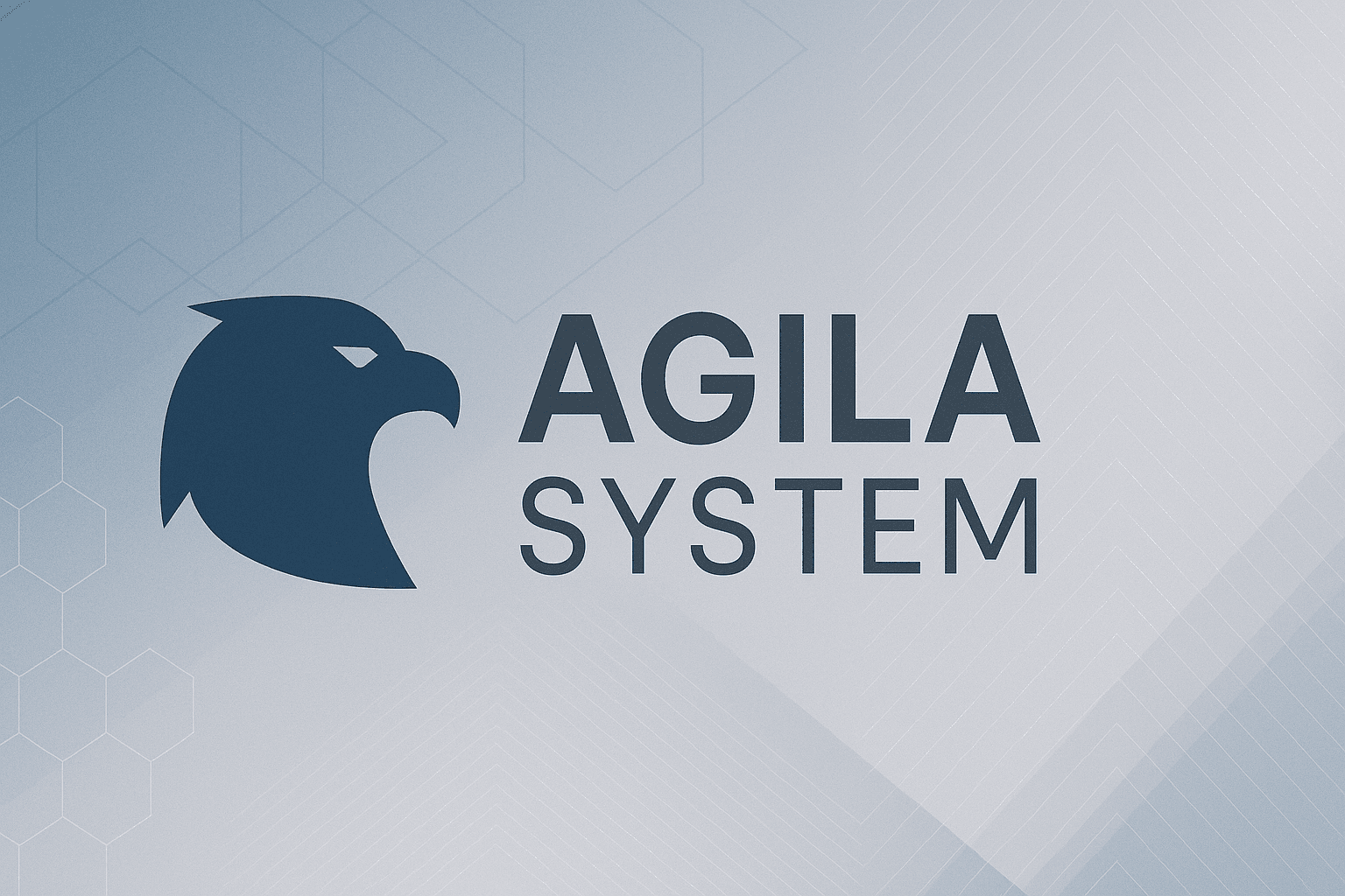Agila System logo featuring a dark blue eagle head profile on a light blue geometric background.