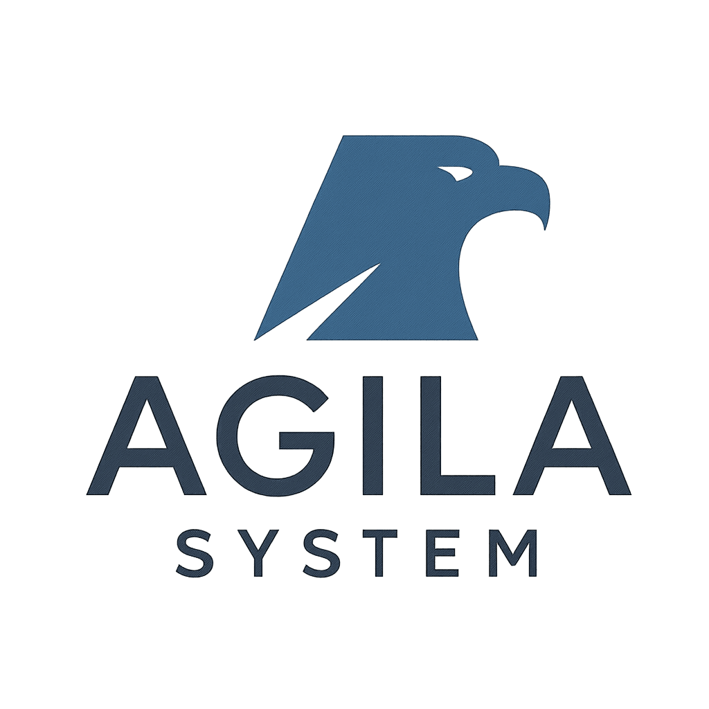 Stylized blue eagle head profile with a white streak above the text AGILA SYSTEM.