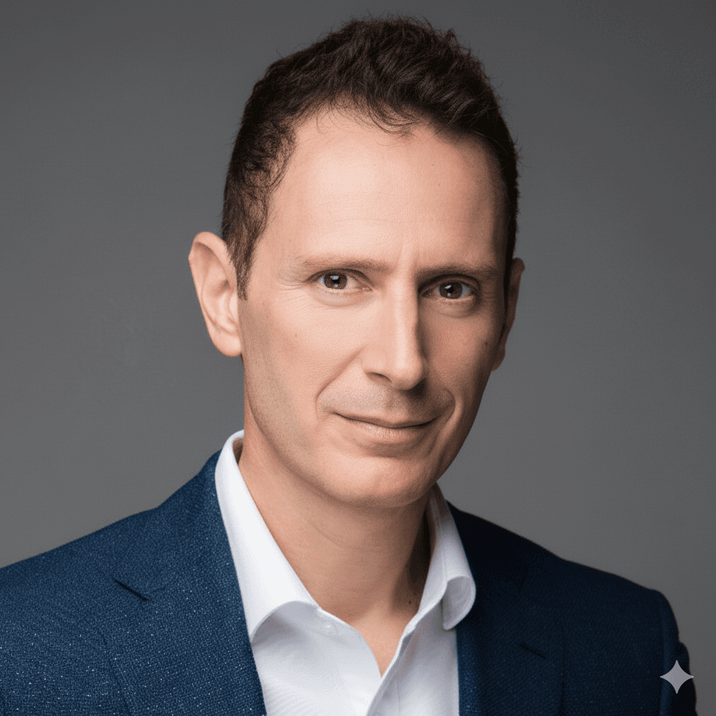 Man with short dark hair wearing a blue blazer and white shirt against grey background.