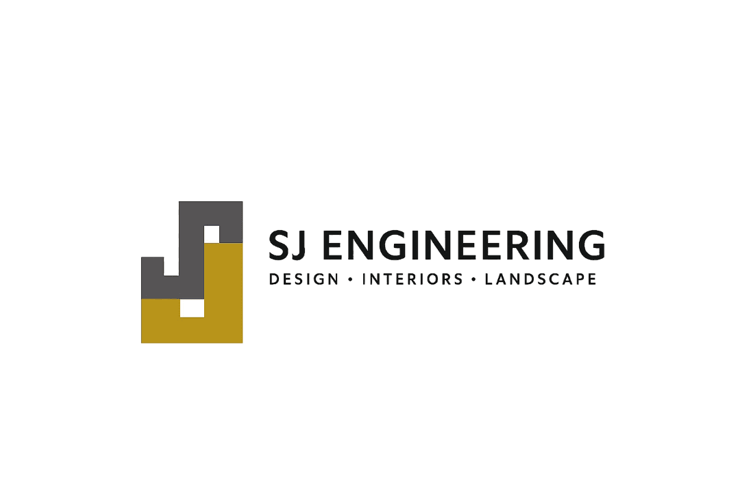 SJ Engineering logo with gray and gold geometric icon and text for design, interiors, landscape.