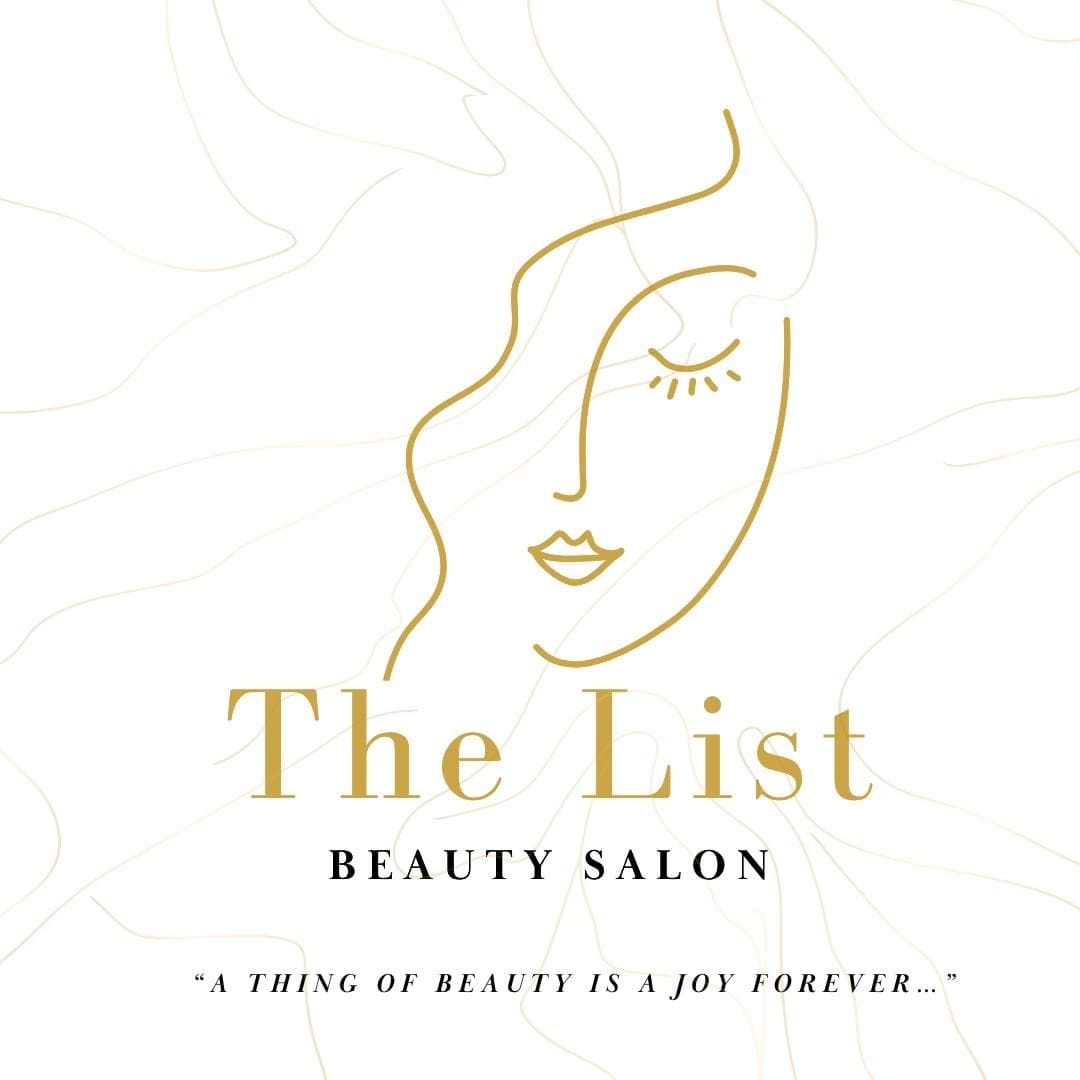 Minimalist gold line art woman's face logo for The List Beauty Salon with quote.