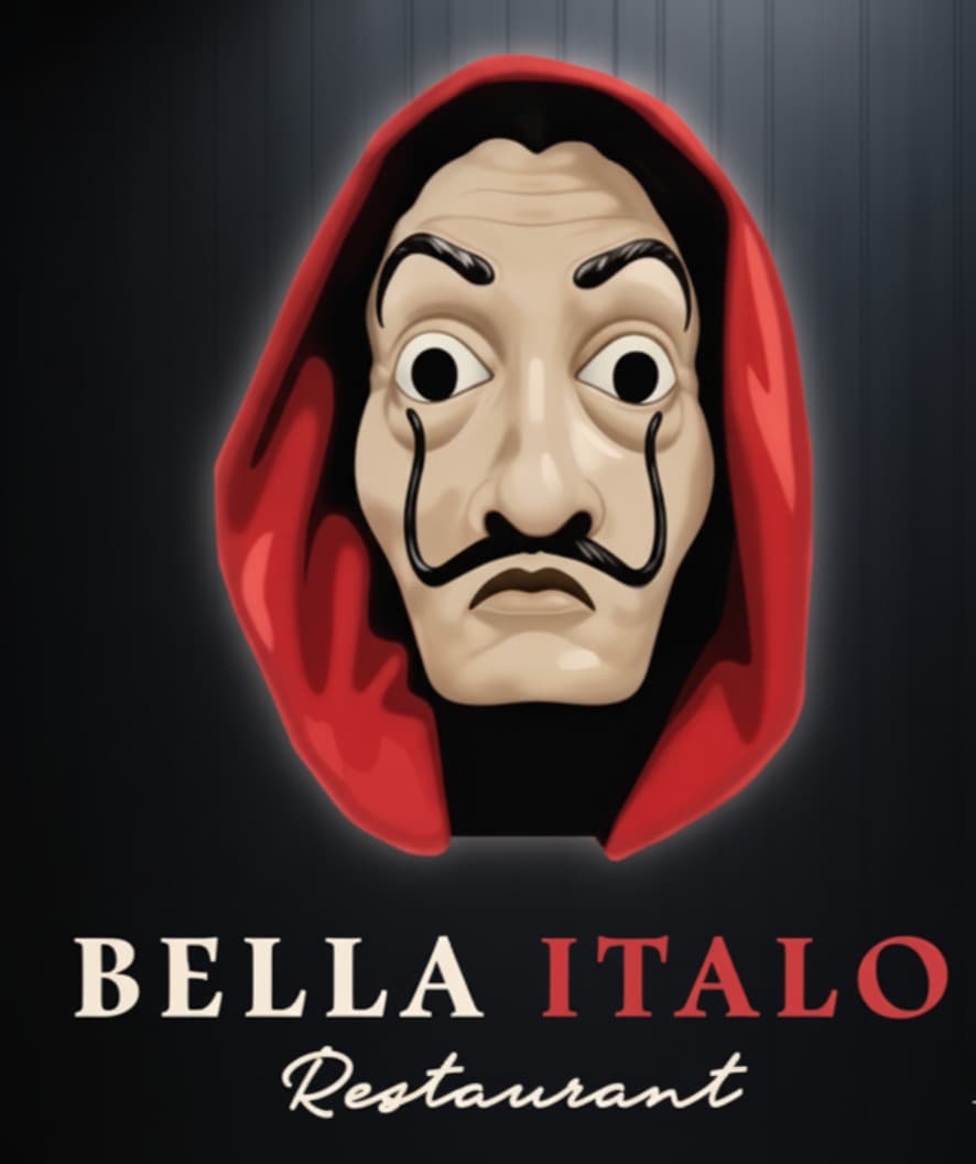 Salvador DalĂ mask in a red hood above the text BELLA ITALO Restaurant.